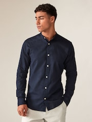 JACK & JONES Blue Linen Blend Grandad Collar Long Sleeve Shirt - Image 1 of 4