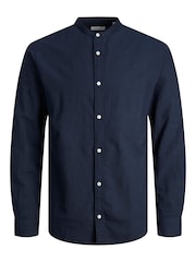 JACK & JONES Blue Linen Blend Grandad Collar Long Sleeve Shirt - Image 4 of 4