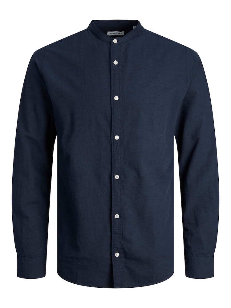 JACK & JONES Blue Linen Blend Grandad Collar Long Sleeve Shirt - Image 4 of 4