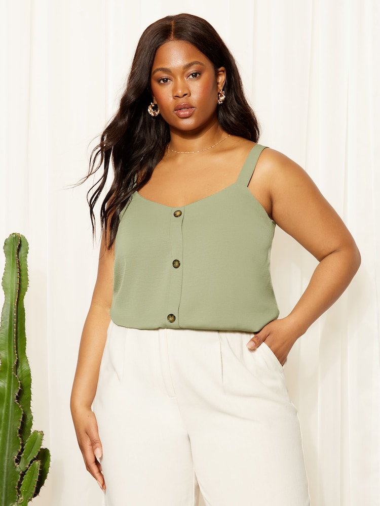 Curves Like These Khaki Green Button Front Cami Top - Image 1 of 4 Curves Like These Khaki Green Button Front Cami Top - Image 1 of 4