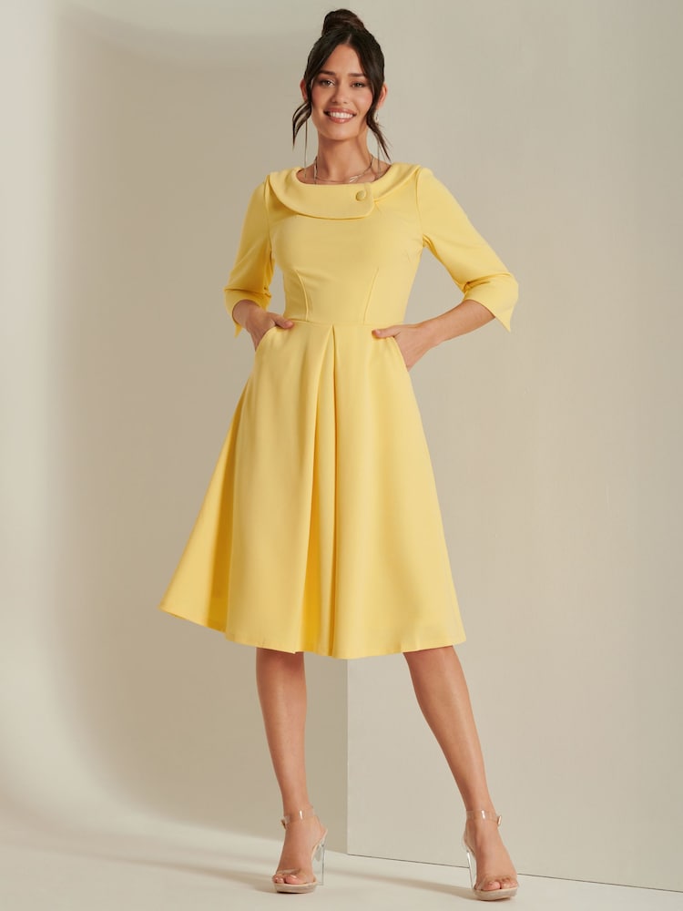 Jolie Moi Yellow 3/4 Sleeve Fold Neck Midi Dress - Image 1 of 6