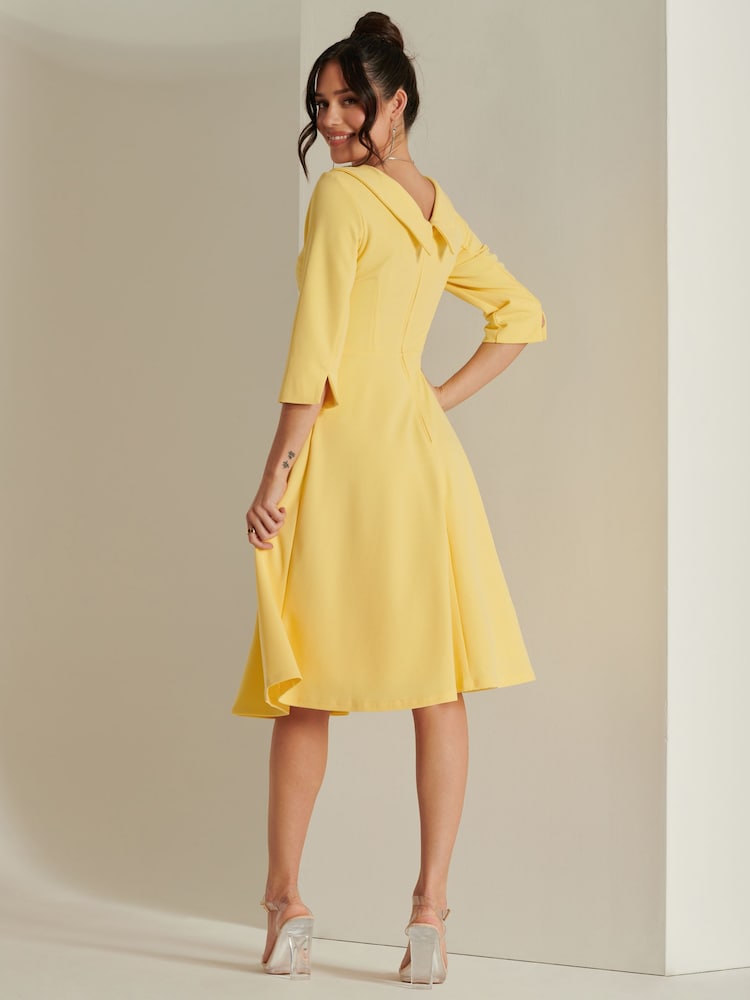 Jolie Moi Yellow 3/4 Sleeve Fold Neck Midi Dress - Image 2 of 6