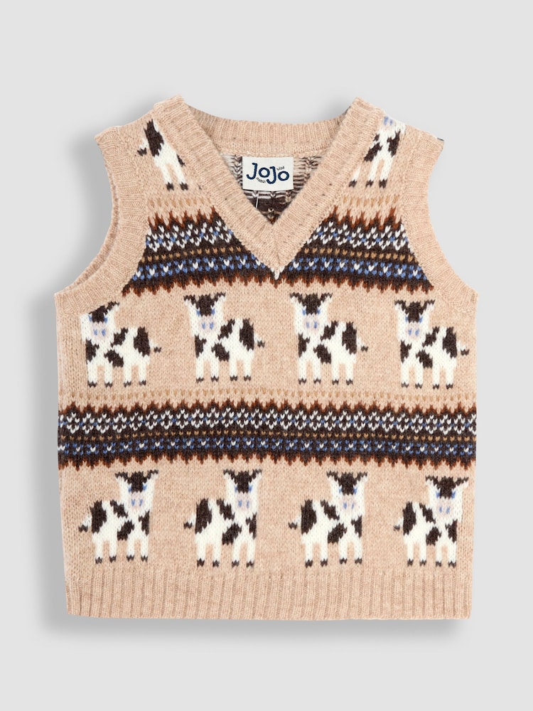 JoJo Maman Bébé Natural Friesian Cow Knit Fair Isle Tank Top - Image 1 of 6