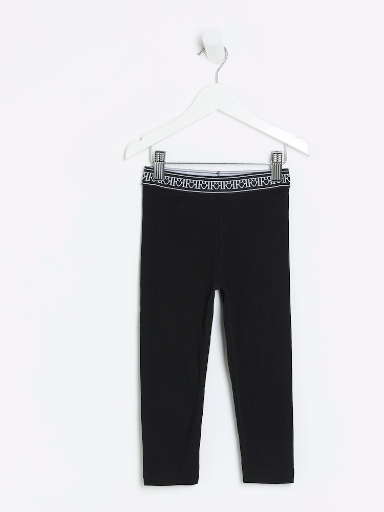 River Island Black Mini Girls Waistband Rib Leggings - Image 1 of 4