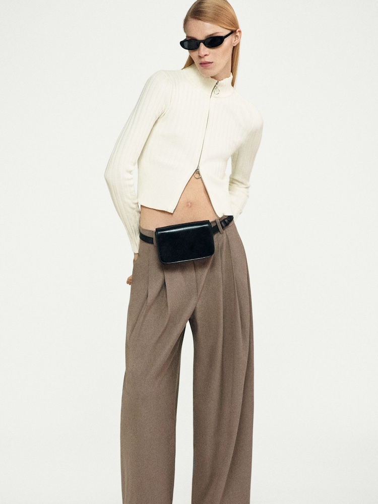 Mango Brown Wideleg Pleated Trousers - Image 1 of 7