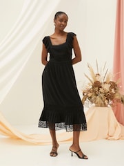 FatFace Hibiscus Black Lace Midi Dress - Image 1 of 6