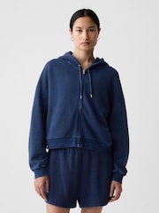 Gap Blue Cotton Textured Zip Up Cropped Hoodie - Image 2 of 4