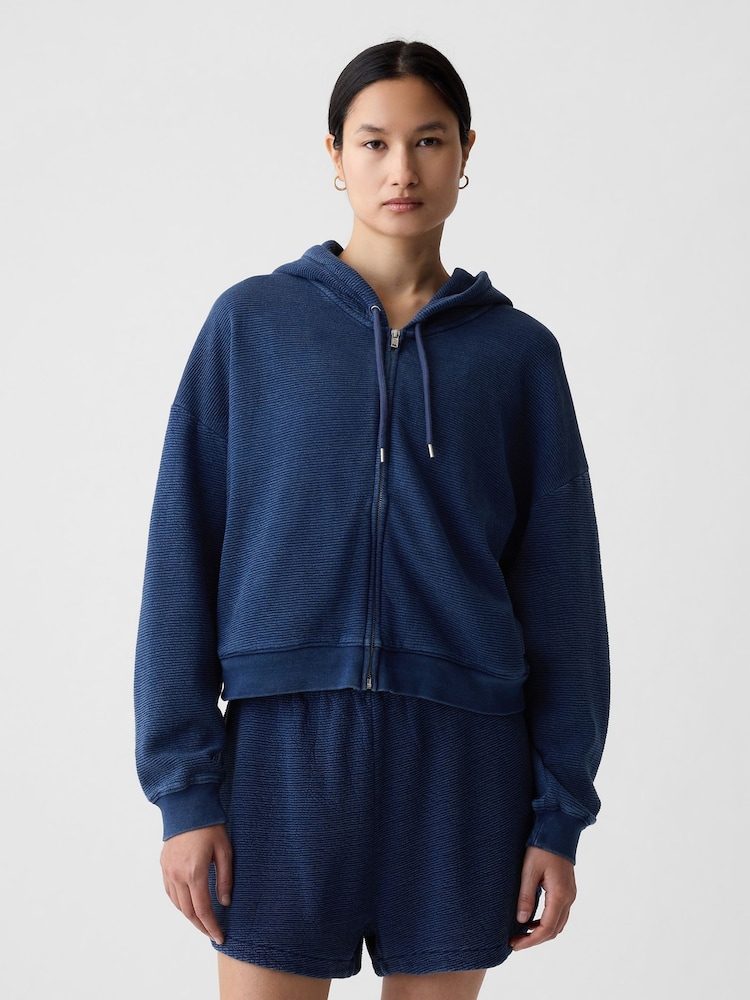 Gap Blue Cotton Textured Zip Up Cropped Hoodie - Image 2 of 4
