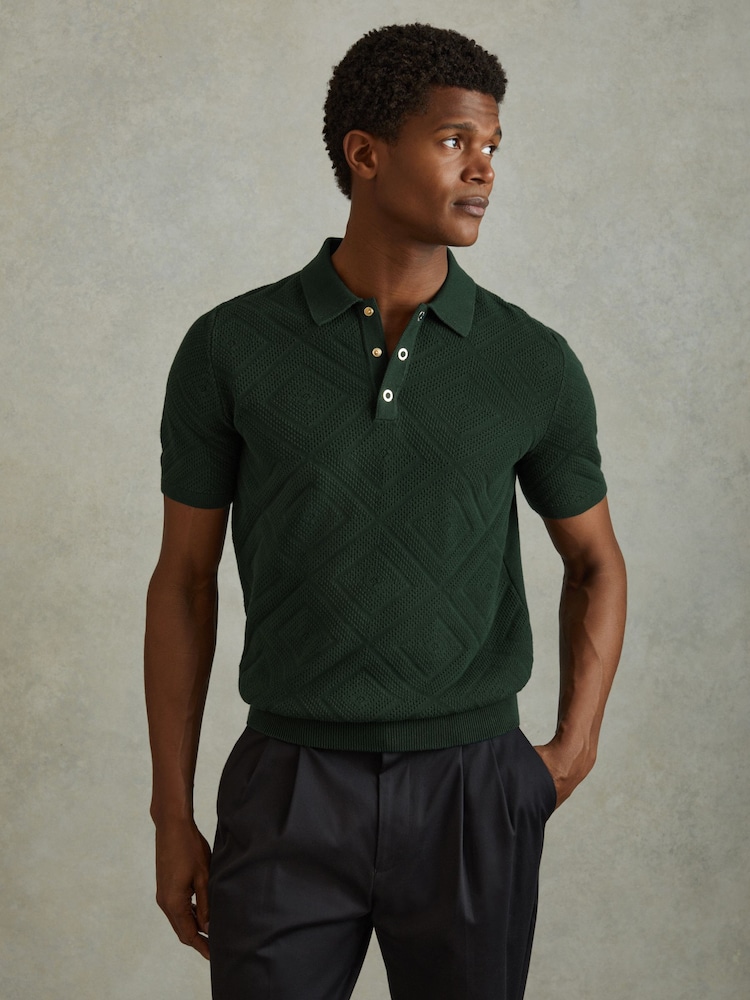 Reiss Dark Green Lupton Cotton Textured Press-Stud Polo Shirt - Image 1 of 6