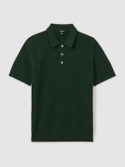 Reiss Dark Green Lupton Cotton Textured Press-Stud Polo Shirt - Image 2 of 6