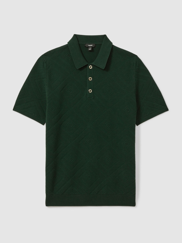 Reiss Dark Green Lupton Cotton Textured Press-Stud Polo Shirt - Image 2 of 6