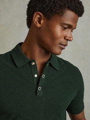 Reiss Dark Green Lupton Cotton Textured Press-Stud Polo Shirt - Image 4 of 6