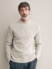 Ecru White Regular Fit 100% Italian Merino Signature Cable Crew Jumper - Image 1 of 5