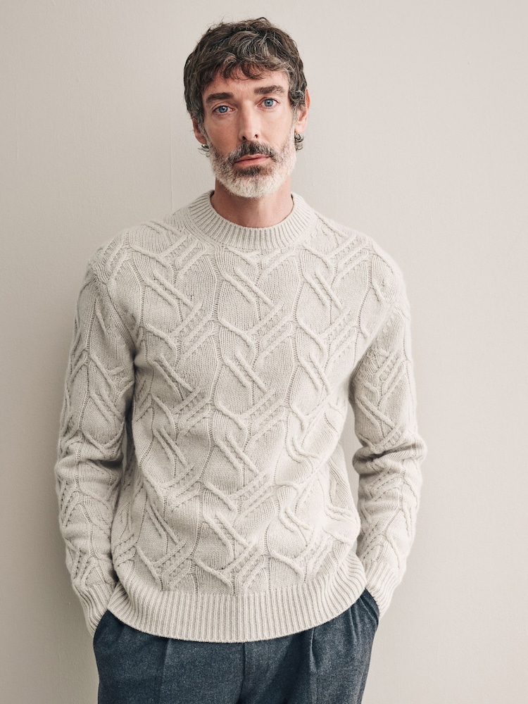 Ecru White Regular Fit 100% Italian Merino Signature Cable Crew Jumper - Image 1 of 5