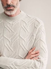 Ecru White Regular Fit 100% Italian Merino Signature Cable Crew Jumper - Image 4 of 5