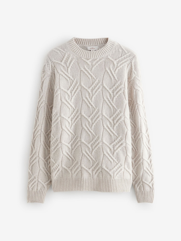 Ecru White Regular Fit 100% Italian Merino Signature Cable Crew Jumper - Image 5 of 5