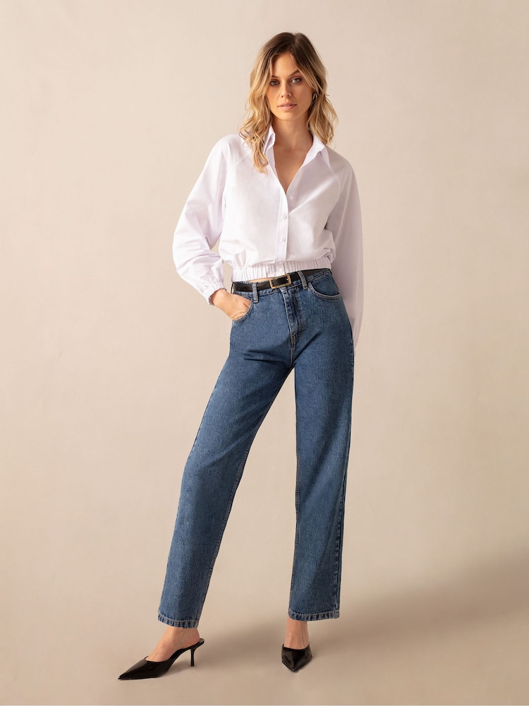 Ro&Zo Cotton Elastic Hem Cropped White Shirt - Image 1 of 5