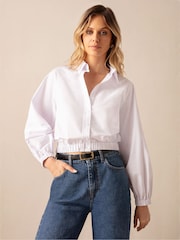Ro&Zo Cotton Elastic Hem Cropped White Shirt - Image 2 of 5
