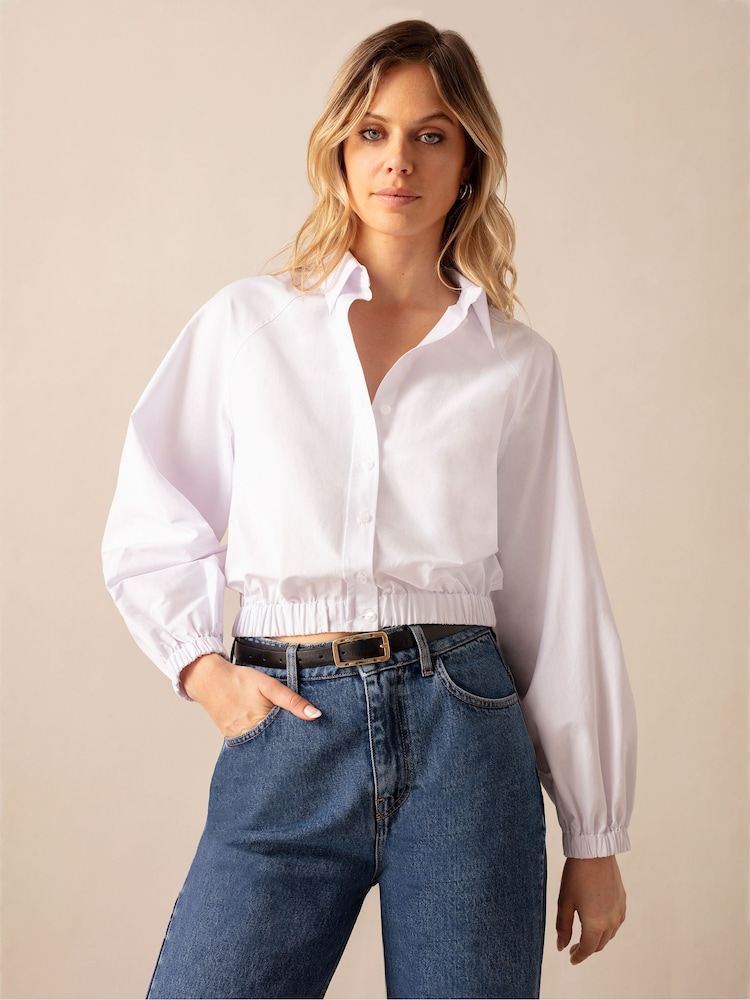 Ro&Zo Cotton Elastic Hem Cropped White Shirt - Image 2 of 5