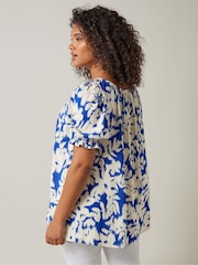 Evans Blue Curve Floral Blur Print Tie Front Top - Image 3 of 5
