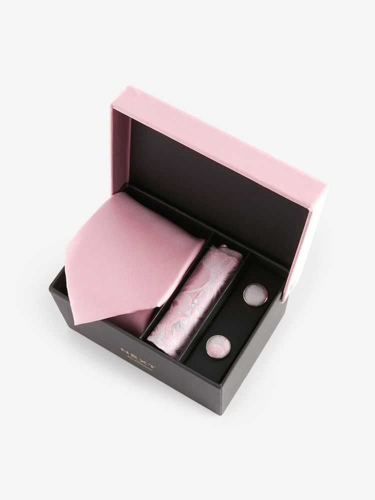 Rose - Coffret cadeau cravate en soie, mouchoir de poche et boutons de manchette en soie - Image 5 of 6