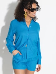 Pour Moi Blue Bree High Waist Elasticated Shorts - Image 1 of 4