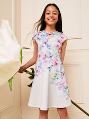 Lipsy White Floral Cut Out Scuba Dress (5-16yrs) - Image 1 of 4