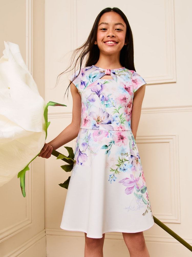 Lipsy White Floral Cut Out Scuba Dress (5-16yrs) - Image 1 of 4