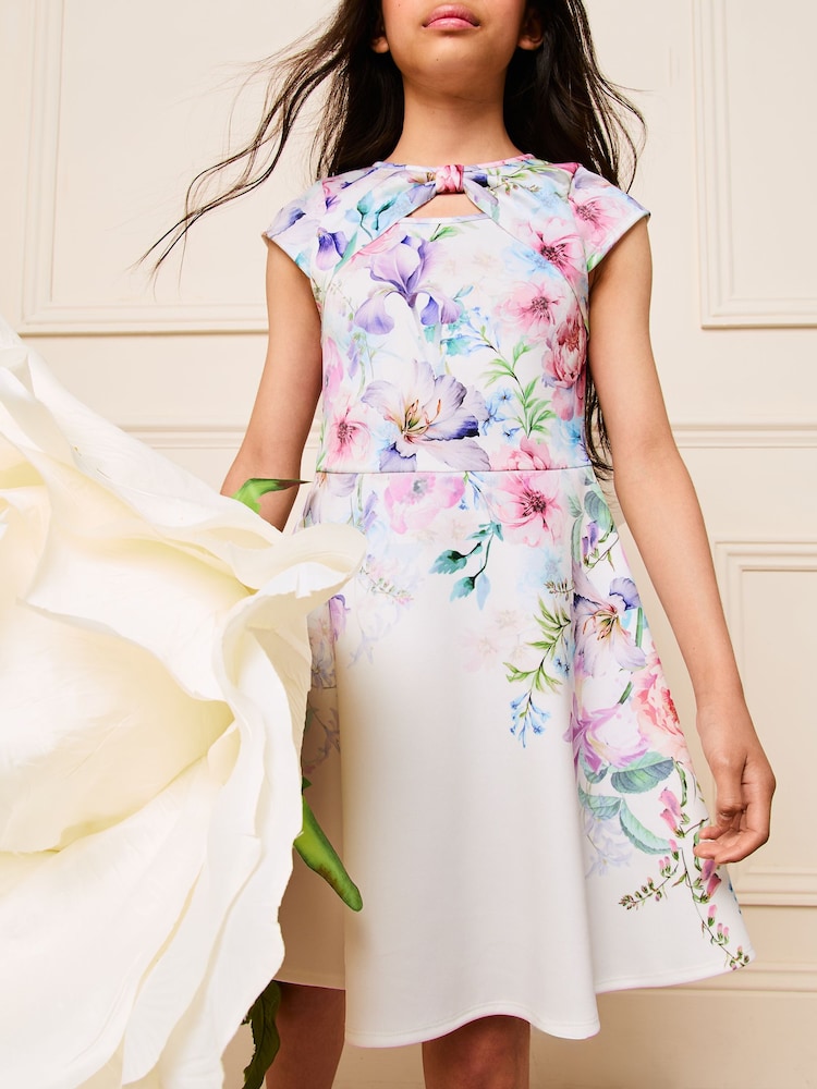 Lipsy White Floral Cut Out Scuba Dress (5-16yrs) - Image 2 of 4