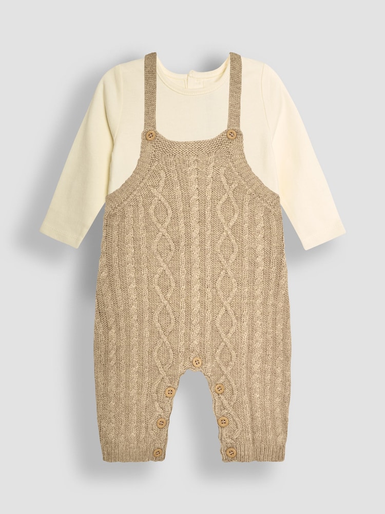 JoJo Maman Bébé Fawn Brown Cable Knit Dungarees & Top Baby Set - Image 1 of 9