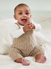 JoJo Maman Bébé Fawn Brown Cable Knit Dungarees & Top Baby Set - Image 8 of 9