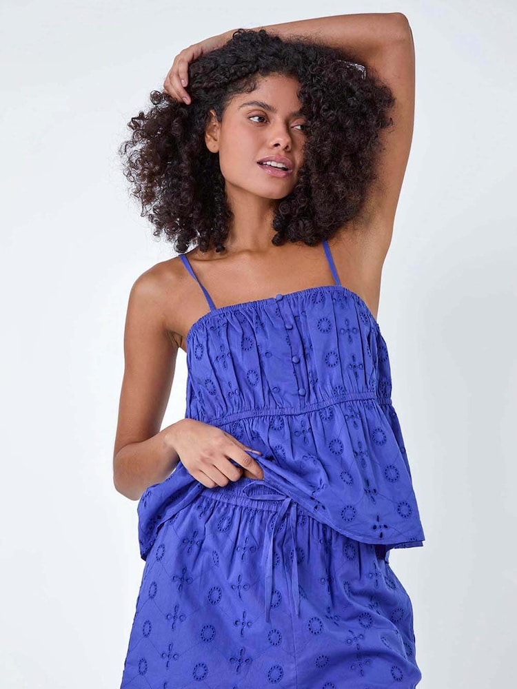 Dusk Blue 100% Cotton Broderie Anglaise Shorts - Image 1 of 5 Dusk Blue 100% Cotton Broderie Anglaise Shorts - Image 1 of 5