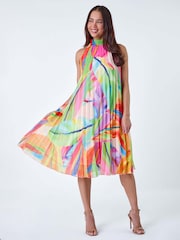 Roman Orange Tropical Halter Neck Pleated Dress - Image 1 of 5