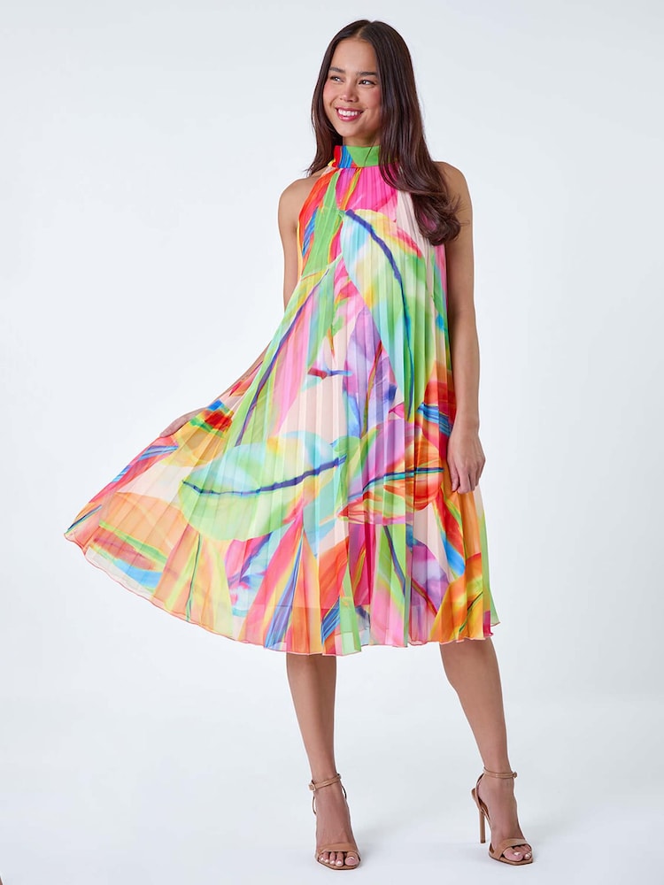 Roman Orange Tropical Halter Neck Pleated Dress - Image 1 of 5