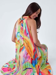 Roman Orange Tropical Halter Neck Pleated Dress - Image 2 of 5