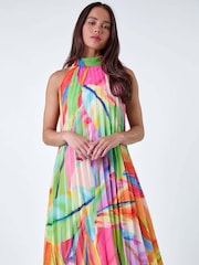 Roman Orange Tropical Halter Neck Pleated Dress - Image 4 of 5