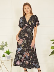 Yumi Black Viscose Bird and Floral Print Kimono Midi Dress - Image 1 of 5