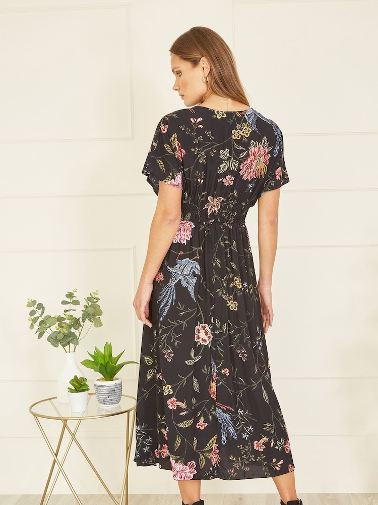 Yumi Black Viscose Bird and Floral Print Kimono Midi Dress - Image 2 of 5