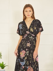 Yumi Black Viscose Bird and Floral Print Kimono Midi Dress - Image 3 of 5