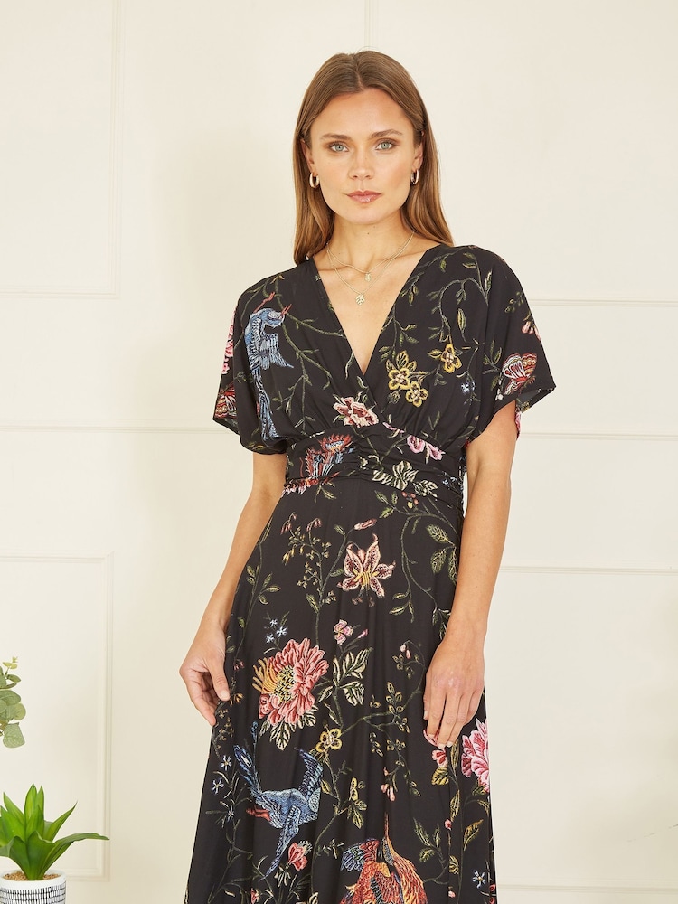 Yumi Black Viscose Bird and Floral Print Kimono Midi Dress - Image 3 of 5