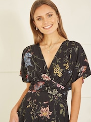 Yumi Black Viscose Bird and Floral Print Kimono Midi Dress - Image 4 of 5