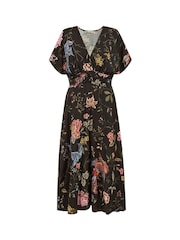 Yumi Black Viscose Bird and Floral Print Kimono Midi Dress - Image 5 of 5