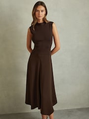 Reiss Chocolate Lani Hybrid Knit Tie Back Midi Dress - Image 1 of 5