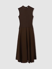 Reiss Chocolate Lani Hybrid Knit Tie Back Midi Dress - Image 2 of 5