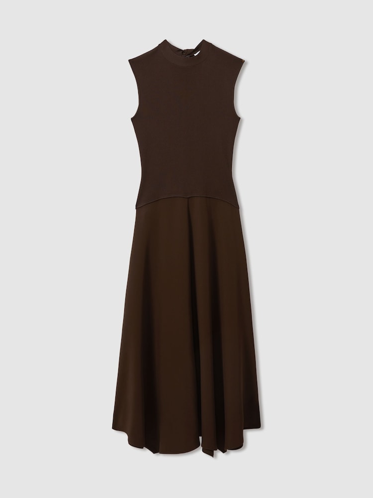 Reiss Chocolate Lani Hybrid Knit Tie Back Midi Dress - Image 2 of 5