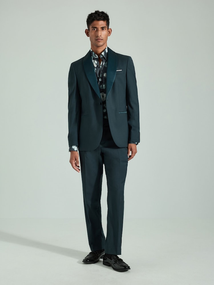 Сине-зеленый - Slim Fit Trimmed Satin Edge Tuxedo Suit Jacket - Изображение 2 из 10 Сине-зеленый - Slim Fit Trimmed Satin Edge Tuxedo Suit Jacket - Изображение 2 из 10