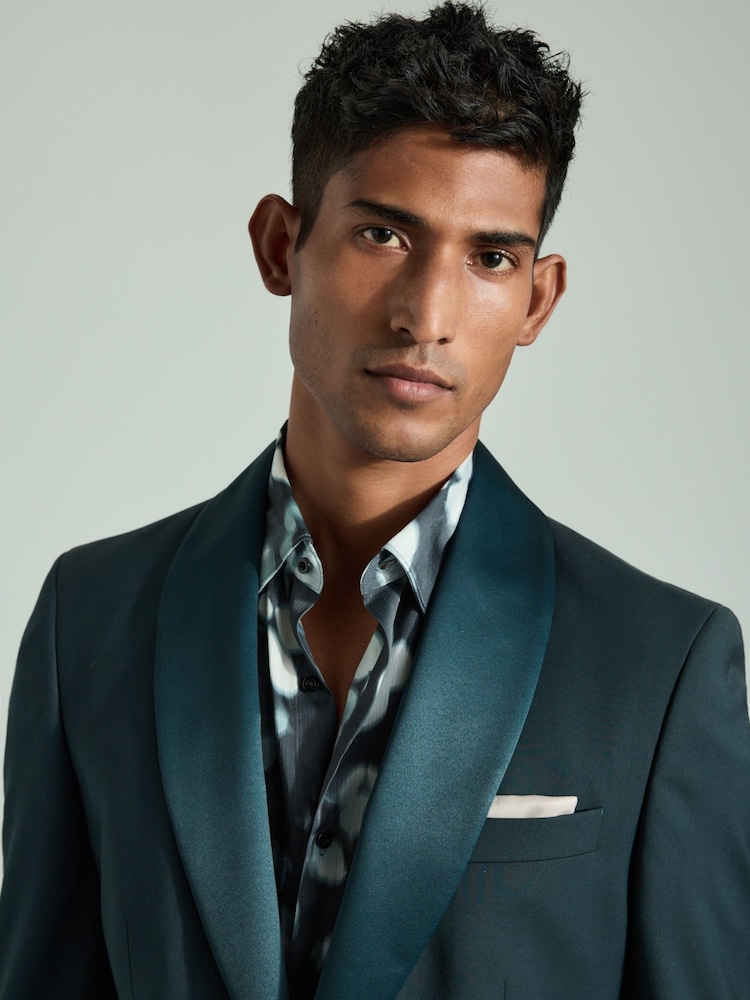 Blauwgroen - Slim Fit Trimmed Satin Edge Tuxedo Suit Jacket - Image 4 of 10