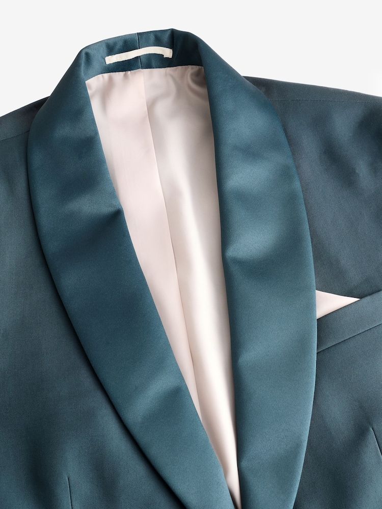 Blauwgroen - Slim Fit Trimmed Satin Edge Tuxedo Suit Jacket - Image 7 of 10