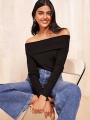 Friends Like These Black Off The Shoulder Rib Jumper - Image 1 of 4