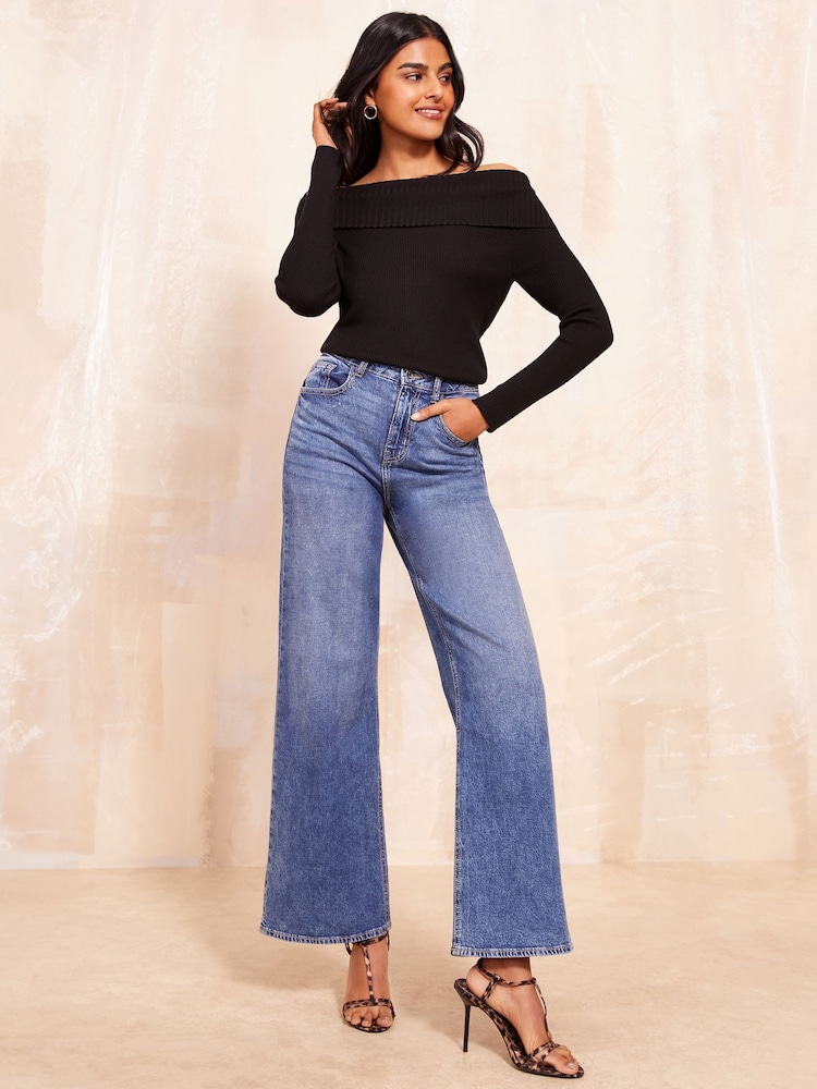 Friends Like These Black Off The Shoulder Rib Jumper - Image 2 of 4